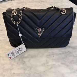 Valentino Black Chevron Quilted Shoulder Bag with Gold Chain